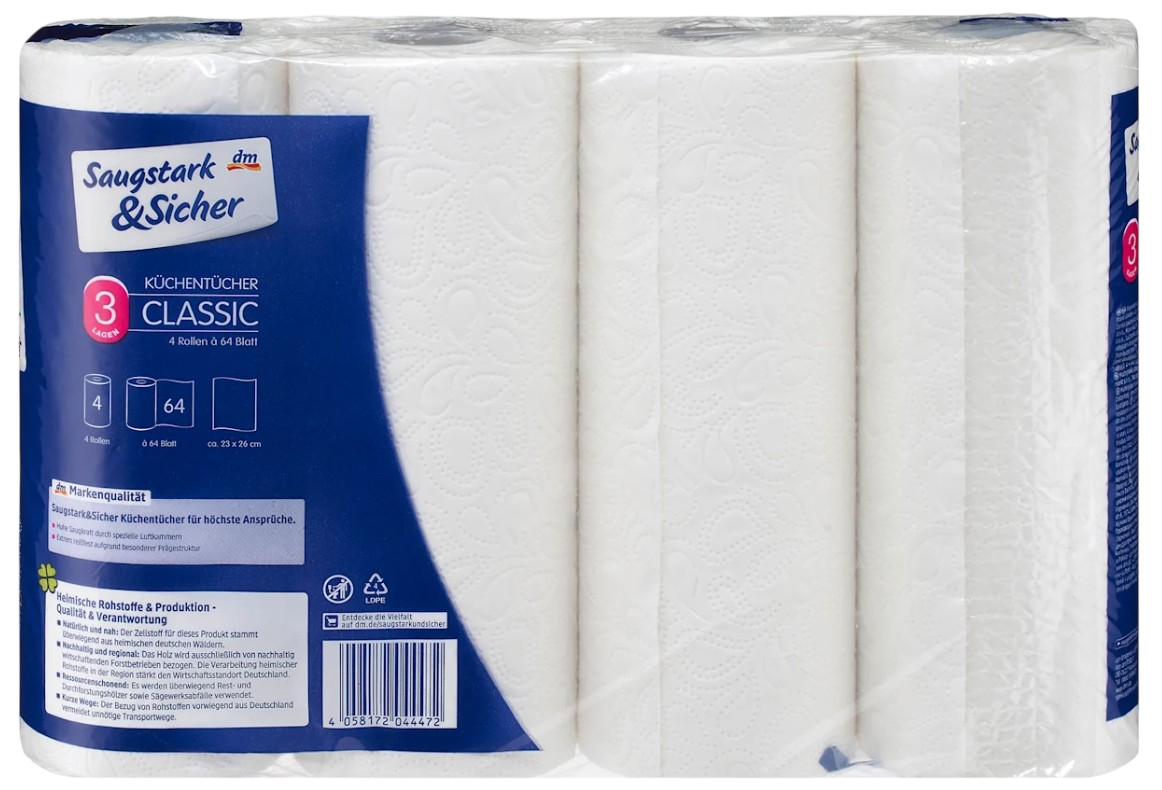 Küchentücher Classic, 3-lagig, 4 Rollen à 64 Blatt